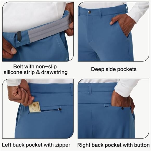 Men's Golf Joggers Pants Belt Loops Slim Fit Stretchy Work Travel Tapered Pants - Picture 4 of 7